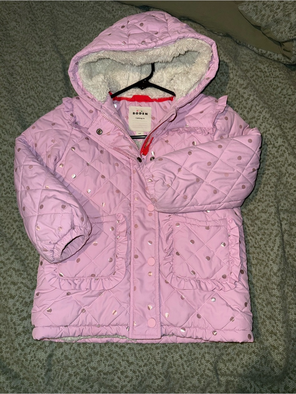 Boden Light Pink Quilted Hooded Puffer Coat with Metallic Dots